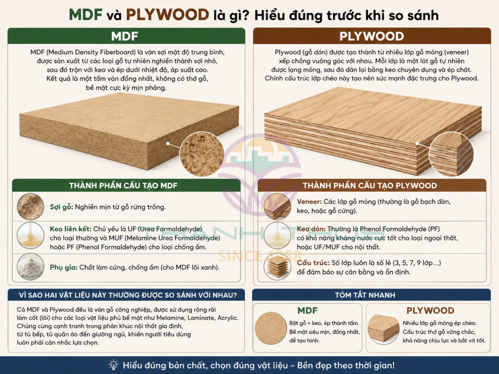 MDF và Plywood - So sánh chi tiết cho nội thất gia đình năm 2026 1 MDF và Plywood - So sánh chi tiết cho nội thất gia đình năm 2026