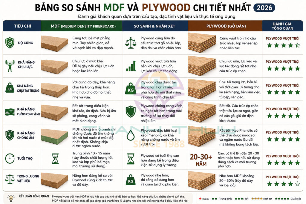 MDF và Plywood - So sánh chi tiết cho nội thất gia đình năm 2026 3 MDF và Plywood - So sánh chi tiết cho nội thất gia đình năm 2026