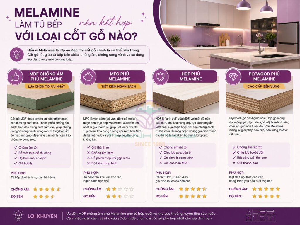 Melamine làm tủ bếp loại nào đẹp và bền?