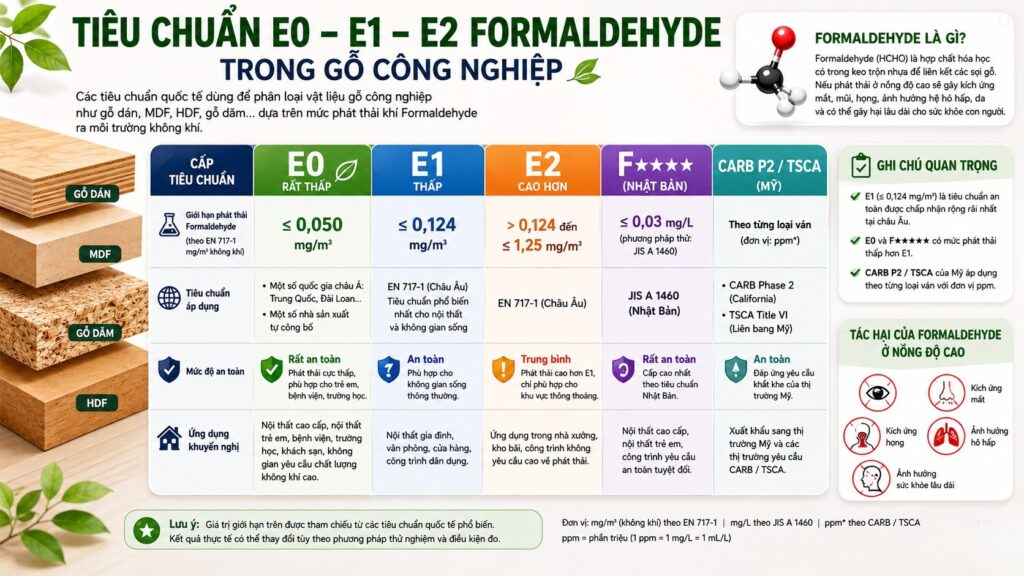 Tiêu chuẩn E0 E1 E2 Formaldehyde là gì? Cách lựa chọn ván gỗ công nghiệp an toàn