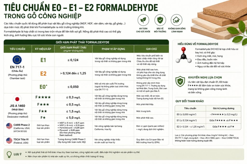 Tiêu chuẩn E0 E1 E2 Formaldehyde là gì? Cách lựa chọn ván gỗ công nghiệp an toàn