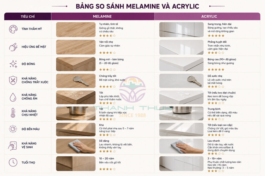 So sánh melamine và acrylic